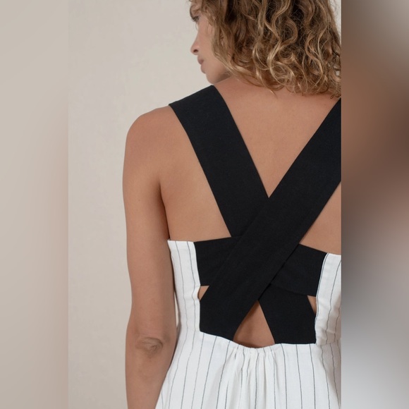 NWT LUXMII Gessato Linen Midi Dress Black Pinstripe - Picture 2 of 11